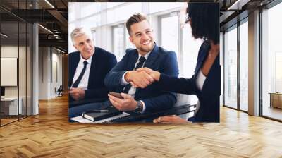 Businessman, shaking hands and corporate meeting interview for international, b2b company and management agreement. Happy employee, handshake welcome and team collaboration, partnership and diversity Wall mural