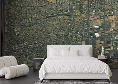 Map, buildings and aerial of city with street lines, residential and town architecture. Landscape, geography and satellite, top view and atmosphere for urban development, neighborhood and houses Wall mural