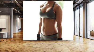 Woman, bodybuilder and training in portrait with kettlebell, for weightlifting workout in gym session. Female person, exercise and wellness in sport, endurance or fitness as athlete for muscle or abs Wall mural