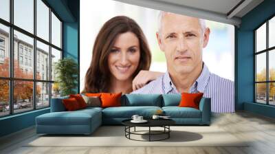 Portrait, happy and senior man with woman for love, commitment and support with trust for relationship. Couple, age difference and together with pride for connection, bonding and respect with loyalty Wall mural