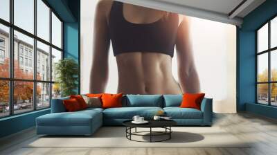 Fitness, woman or body of athlete with abs for exercise, health or strength workout in activewear for gym. Slim female person, sports bra or toned girl ready for training, stomach closeup or wellness Wall mural