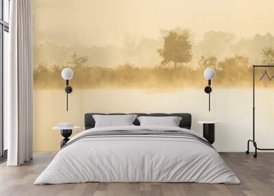 Morning time on the lake and mist fog.The trees and foggy with sun rise sky and reflective in the water.Natural landscape in the morning time. Wall mural