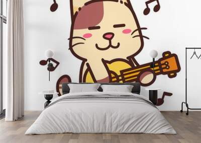 Cute Adorable Happy Brown Cat Play Classical Guitar cartoon doodle vector illustration flat design style Wall mural