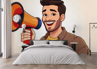 A cheerful young man with beard holding a megaphone. Vector illustration in cartoon style. Wall mural