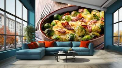 Brussels sprouts baked with bacon and cheese in a clay baking dish Wall mural