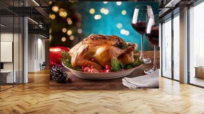 Christmas roast turkey with two glass red wine,  cranberries and rosemary on wooden table against blue background on bokeh lights Wall mural