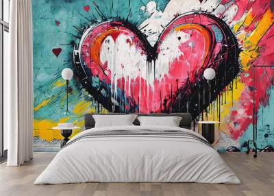 Colorful abstract painting in the shape of a heart above the lake with cliffs. Grunge background Wall mural