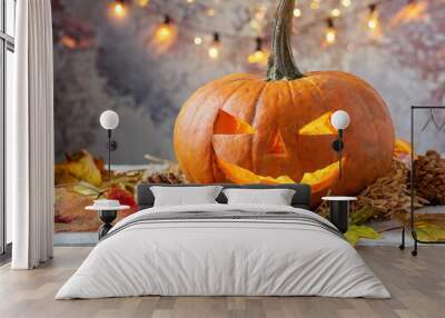 Halloween pumpkin head jack lantern on rustic background with bokeh Wall mural