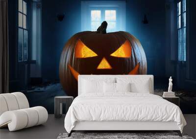 Halloween pumpkin with glowing eyes in dark room of abandoned house,	 Wall mural