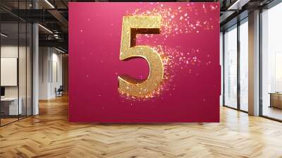 Number five gold glittering confetti on pink background. Digit five. 3D illustration, copy space Wall mural