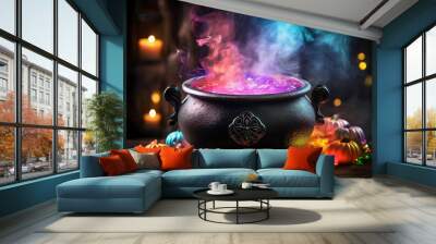 Spellbinding Halloween witch's brew with vibrant magic emanating from a cauldron in a mystical setting. Wall mural