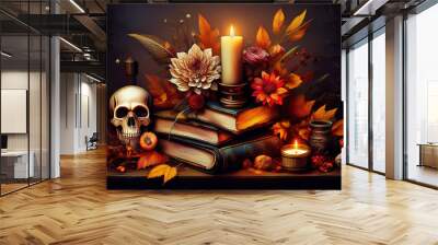 Still life with skull, antique books, candles and autumn flowers. Halloween concept Wall mural