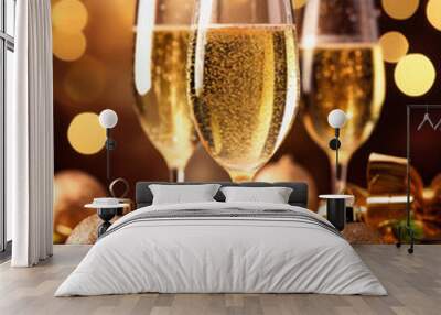 Two glasses of champagne with golden christmas balls on bokeh background Wall mural