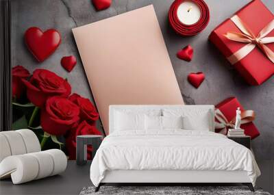 Valentines day greeting card with red roses bouquet, candle, hearts and red gift boxes on stone background. Copy space for text Wall mural