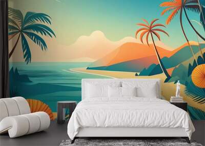 vector illustration of tropical island, palm tree, sunset and sea Wall mural