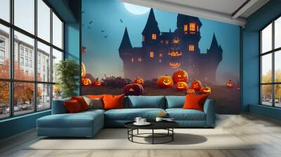 A fantasy castle with halloween pumpkins in front while full moon. 3D illustration Wall mural