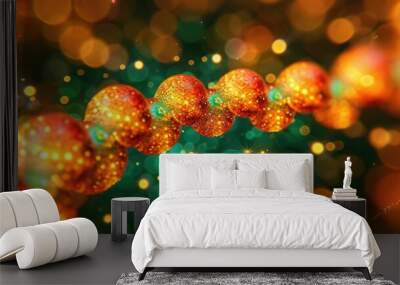 Abstract Chain of Golden Spheres on a Green and Orange Background Wall mural