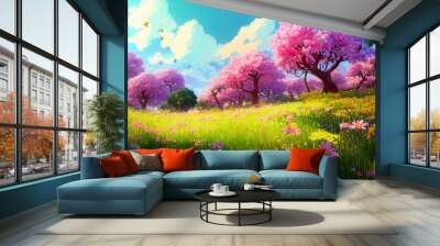 Beautiful fantasy landscape field full of spring with anime style color, digital painting background. 3D illustration Wall mural