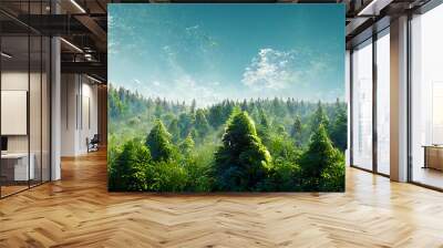 Beautiful view of green forest with blue sky background. 3D illustration Wall mural