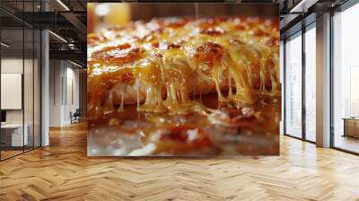 Cheesy pizza slice oozing with toppings Wall mural