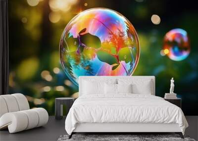 Colorful soap bubbles floating with sunlight filtering through trees in the background. Wall mural