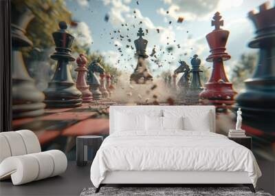 Epic chess battle with explosive pawn showdown Wall mural