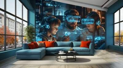 Family enjoying virtual reality gaming together. Wall mural