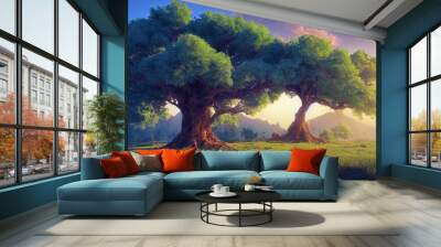 Fantasy a giant green tree, beautiful sky view, digital art painting. 3D illustration Wall mural