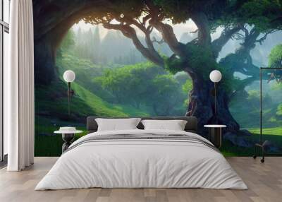 Fantasy a giant green tree on the mountain, digital art painting. 3D illustration Wall mural