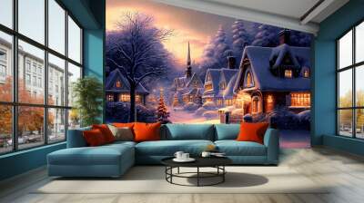 Fantasy winter christmas village with beautiful sight while night in painting style illustration. Created using generative AI technology Wall mural