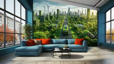 Futuristic cityscape with greenery and sustainable transport. Wall mural