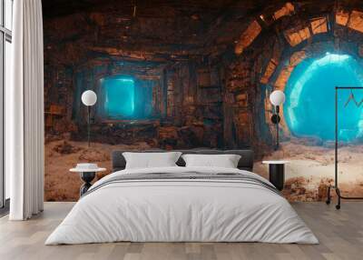 Futuristic fantasy abandoned sci-fi cave with cyan lights, 3D Rendering Wall mural