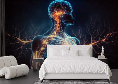 Human body with glowing neurons visualization. Generative AI illustration Wall mural