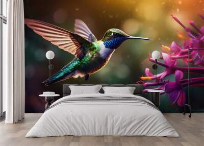 Hummingbird in flight with a purple flower Wall mural