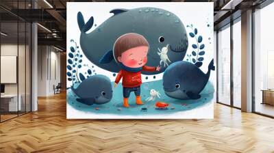 Illustration of a little boy plays with seal and fish under the sea. Generative AI illustration Wall mural