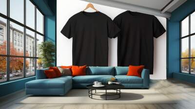 Two hanging black t-shirt on white background mock up Wall mural