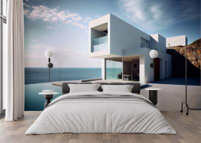 Wonderful residential villa. Modern architecture with swimming pool and sea view. Generative AI illustration Wall mural