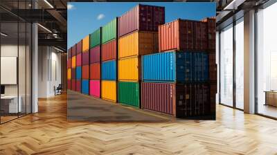 A pile of colored containers in a cargo port Wall mural