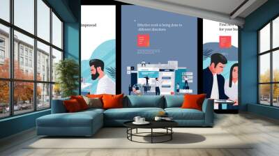 a set of business posters with vector flat illustrations about marketing and finance, covers for a brochure with images of work processes in companies Wall mural