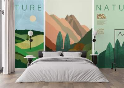 Abstract nature and landscape. Vector stylized minimalistic modern illustration of landscape, nature, tree, field, hill, village for poster, background and pattern Wall mural