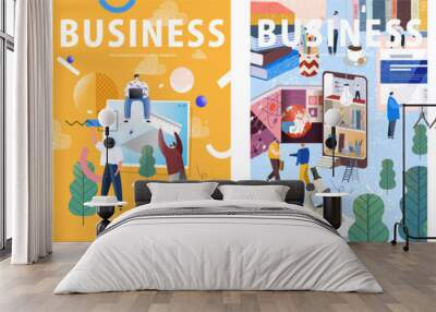 Big business set. Flat cartoon vector illustration: workplace desk; creation by people of concepts, ideas and design; life on social networks and the Internet; businessmen work and meeting in office.  Wall mural