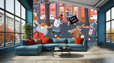 Black Friday! Vector cute illustration of people on the street in the city and families shopping at the store, at the market for sales. Drawing for banner, background or poster. Wall mural