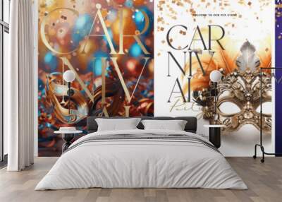 Carnival, mask and masquerade. Illustrations of a Venetian mask, a Brazilian samba dancer, a festive background with confetti and sparkles, and a logo with layout for a poster, flyer or invitation. Wall mural