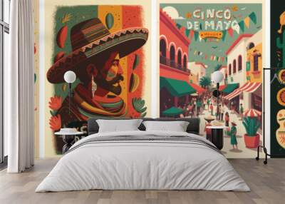 Cinco de Mayo is a Mexican holiday. Vector illustrations of pattern, sombrero hat, mexico city street, Mexican man and spanish guitar for poster, background or greeting card	
 Wall mural