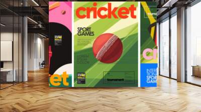 Cricket. Sport game. Vector illustration of player man batting, sportsman, field, ball, bat, icon for poster, invitation, background, flyer or cover Wall mural