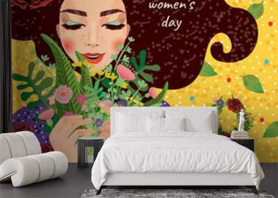 cute card for the holiday of women's day on March 8, vector illustration of a portrait of a beautiful girl with a bouquet of flowers Wall mural