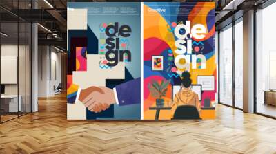 Design, creativity and business. Vector modern abstract  geometric illustration of advertising agency, graphic design at computer at work, handshake, creative office for poster, flyer or background Wall mural