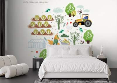 Farm, Agriculture and Garden. Vector cute freehand illustrations of farmer working on farm, gardener, trees, tractor, vegetables, grows organic natural food. Drawings for poster, banner of exhibition Wall mural