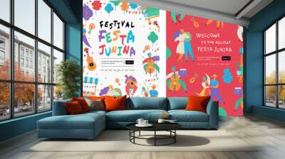 Festa Junina, Vector illustrations for poster, abstract banner, background or card for the brazilian holiday, festival, party and event, drawings of dancing cheerful people, musicians and shops Wall mural