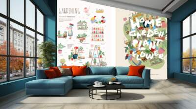 garden, flowers and plants at home and outdoor.vector drawn illustrations of plants in pots, people  Wall mural